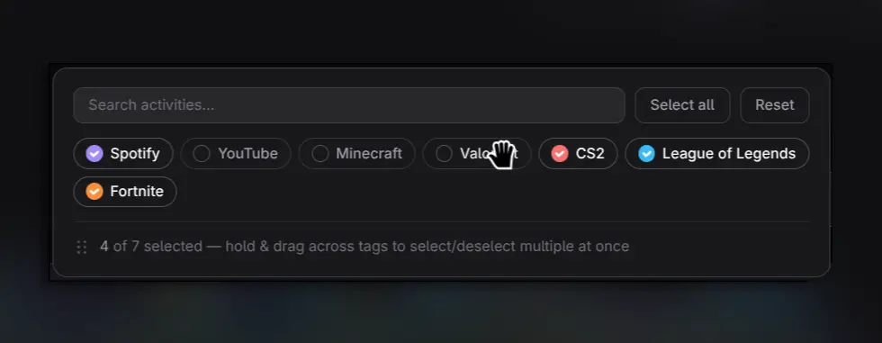 Filter by activity multi-select control