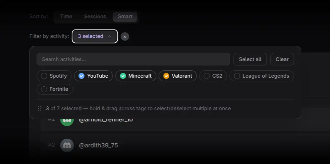 Multi-select activity filter
