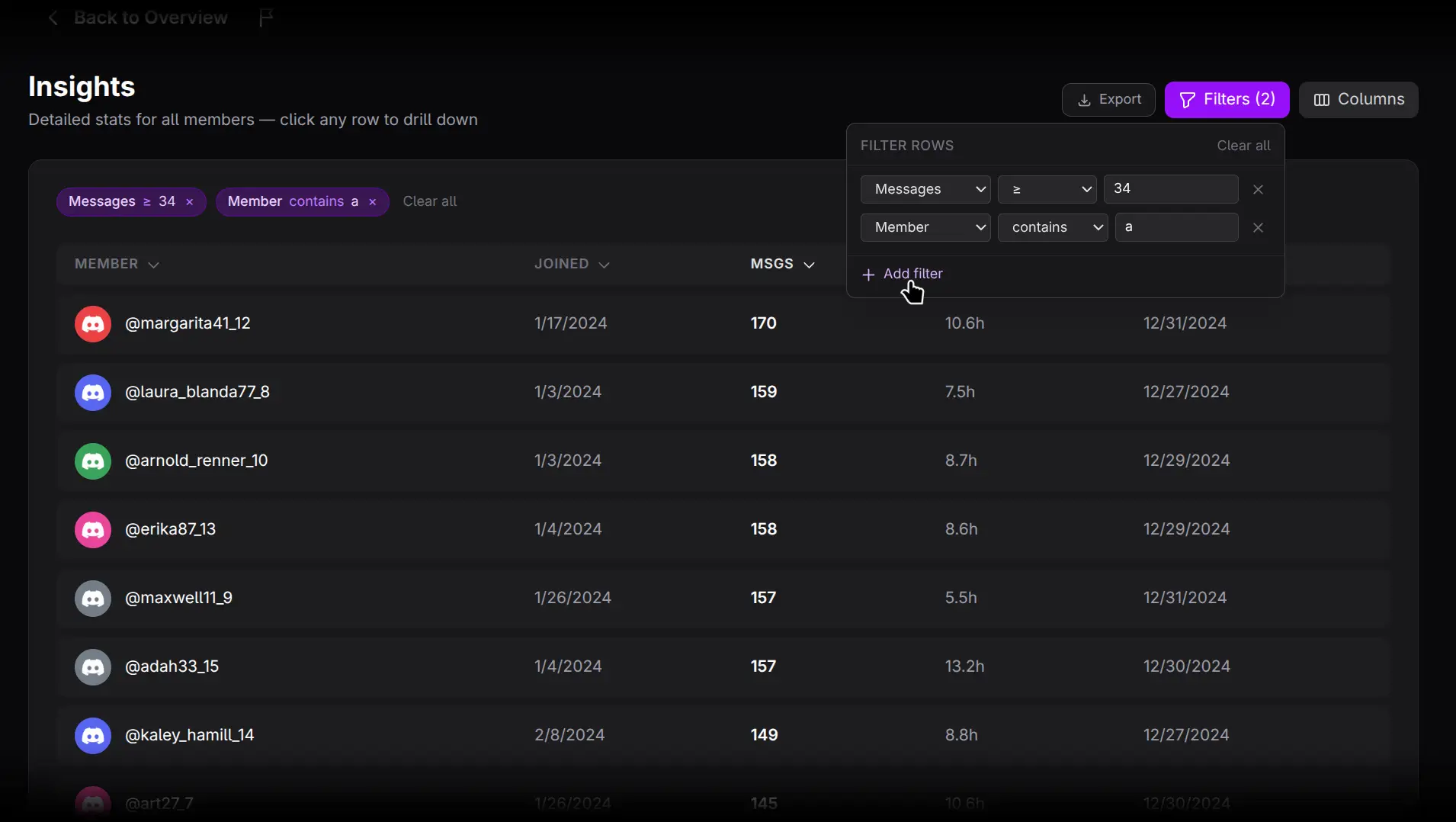 Insights filter builder with field, operator, and value controls