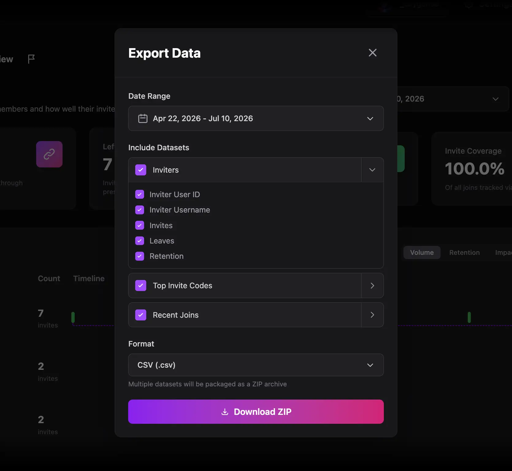 Invites Export Data modal