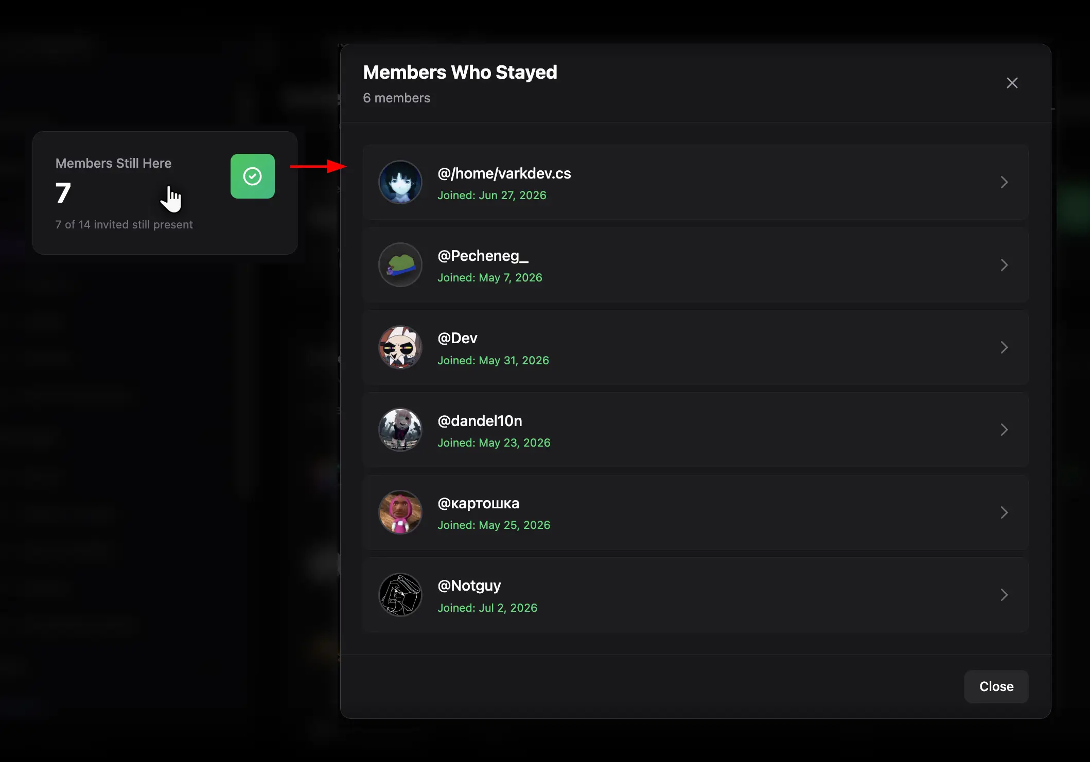 Filtered invited-member list opened from a summary card