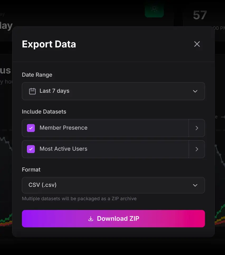 Presence export dialog with date and column controls