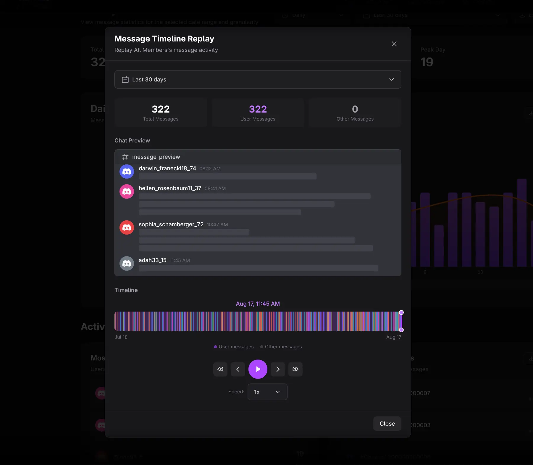 Message Replay modal with privacy-preserving chat preview