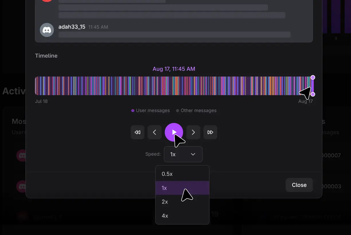 Replay scrubber, playback buttons, and speed selector