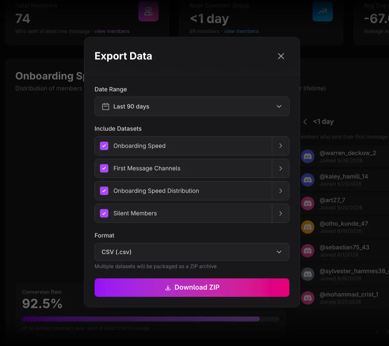 Onboarding Activity export dialog