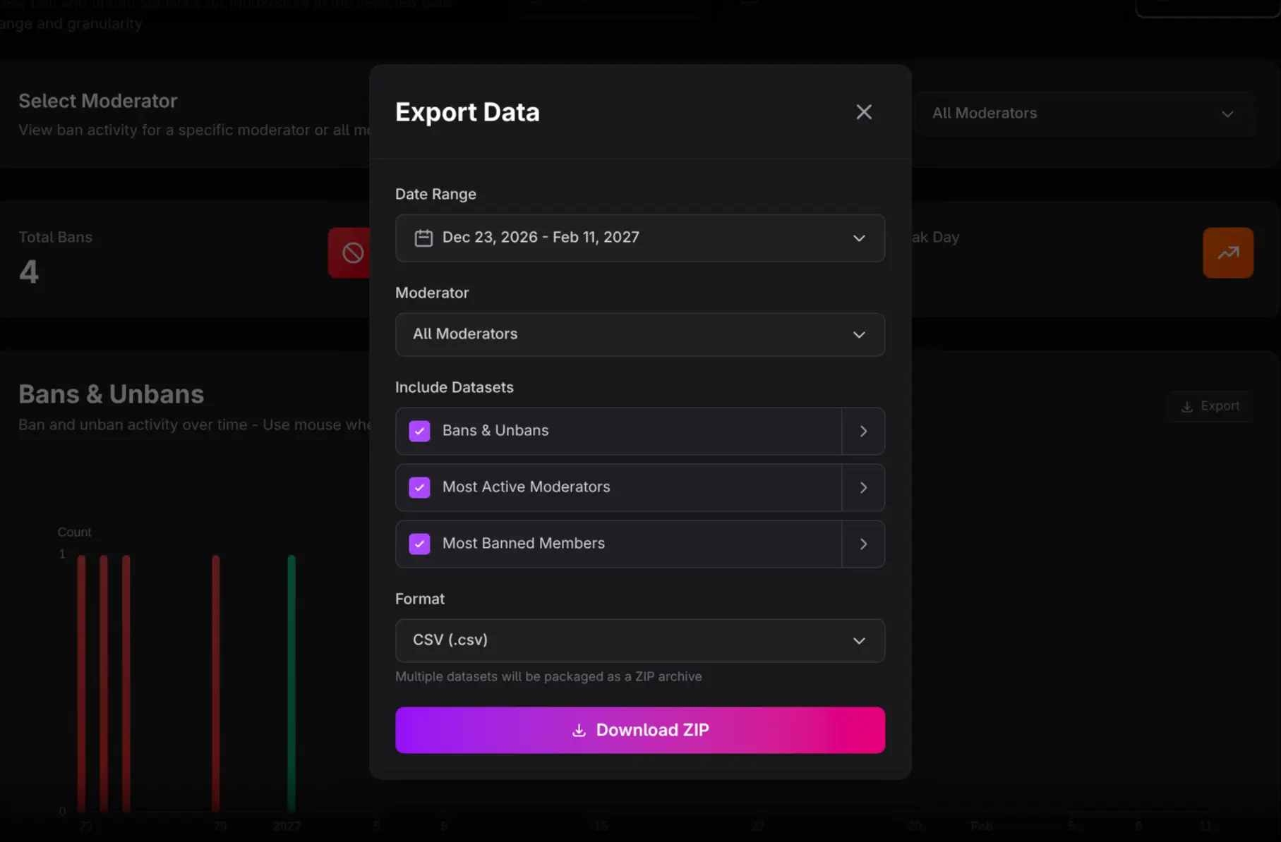 Bans and Unbans export dialog