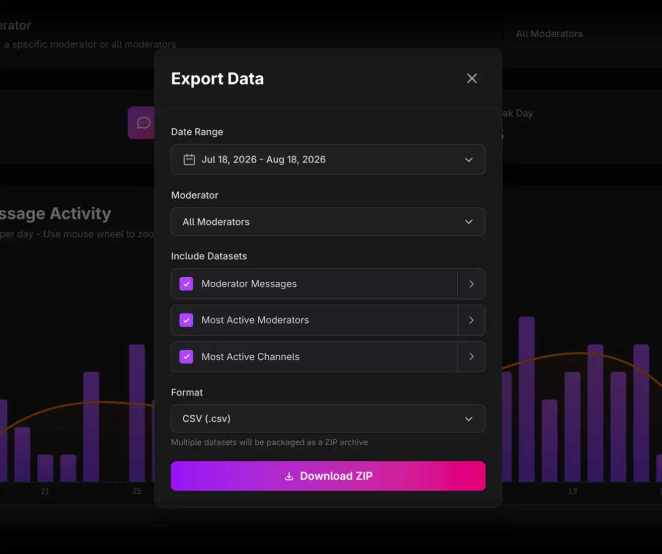 Moderator Message Activity export dialog