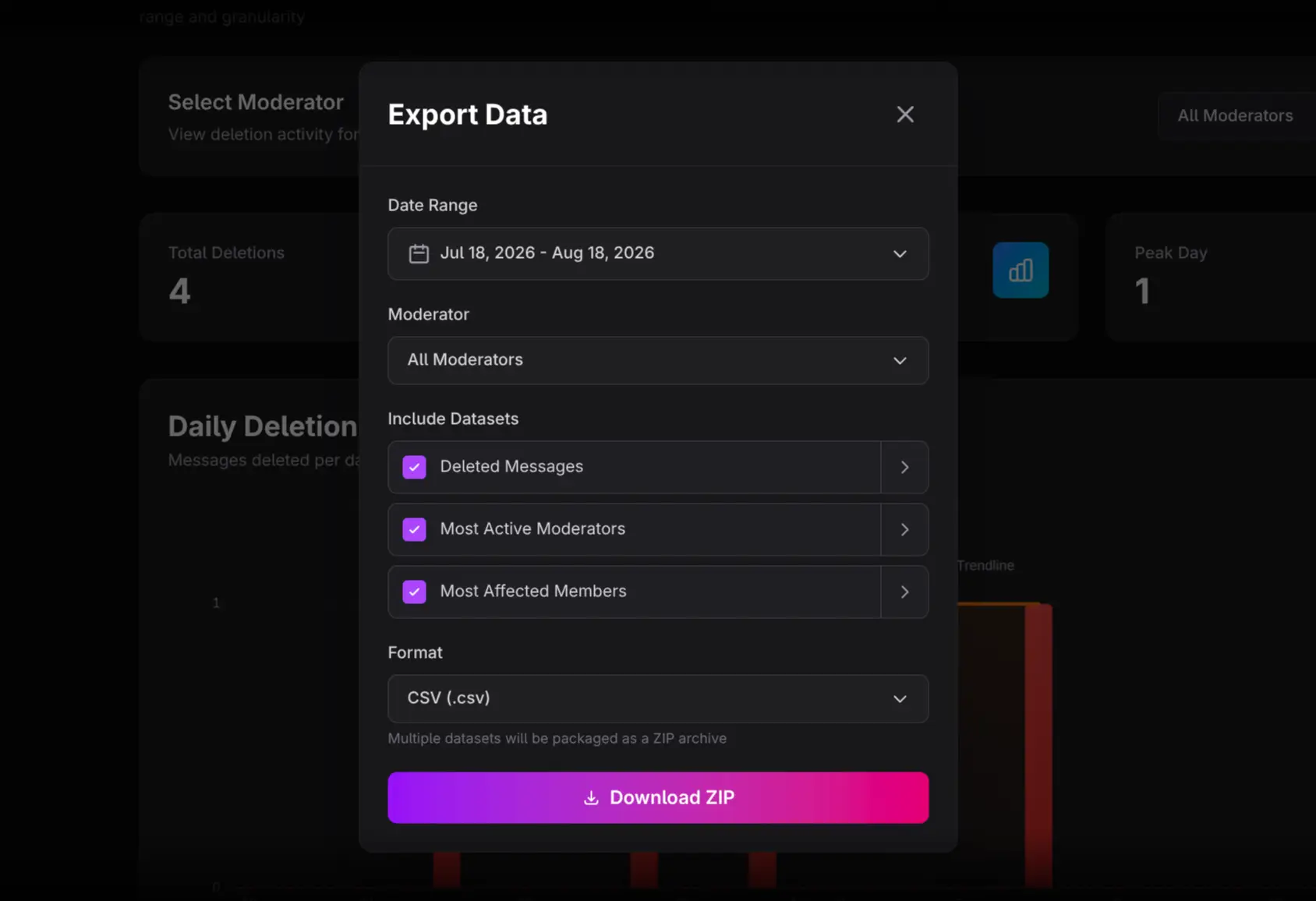 Message Moderation export dialog