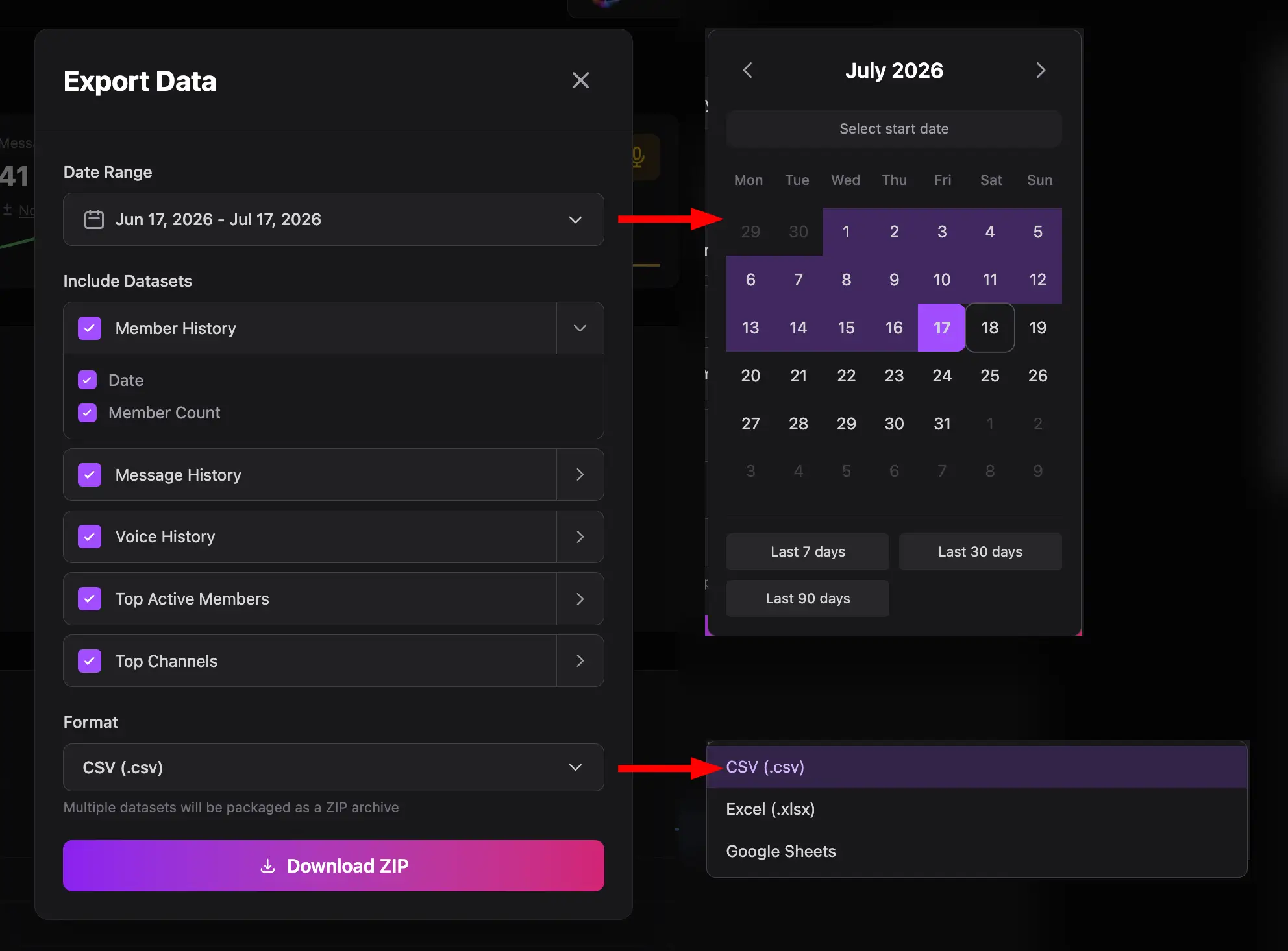 Overview Export Data modal with dataset and format controls